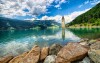 A Resia-tó (Reschensee) Dél-Tirolban, Olaszországban