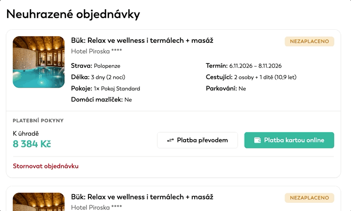 Karta nezaplatenej objednávky v sekcii Neuhradené objednávky s odkazom Stornovať objednávku