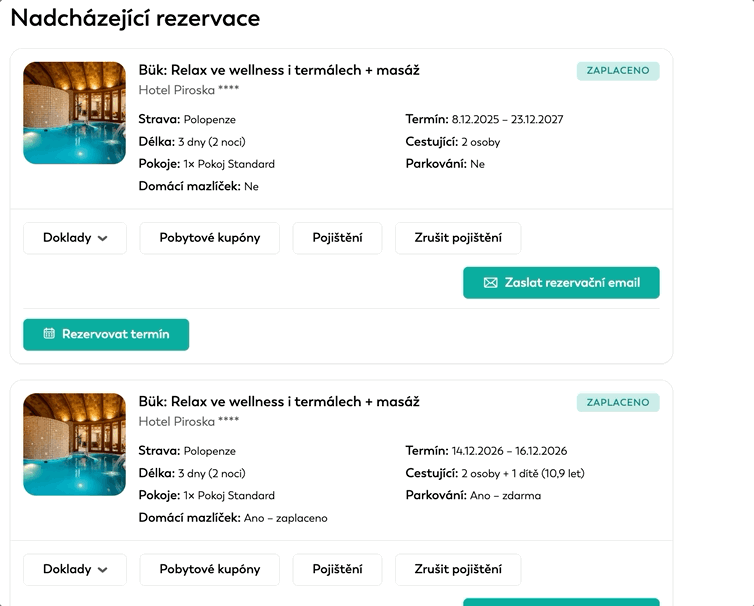 Karta otvoreného poukazu v prehľade Nadchádzajúce rezervácie s tlačidlom Rezervovať termín