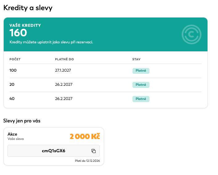 Přehled kreditů a slevových kódů v sekci Kredity a slevy