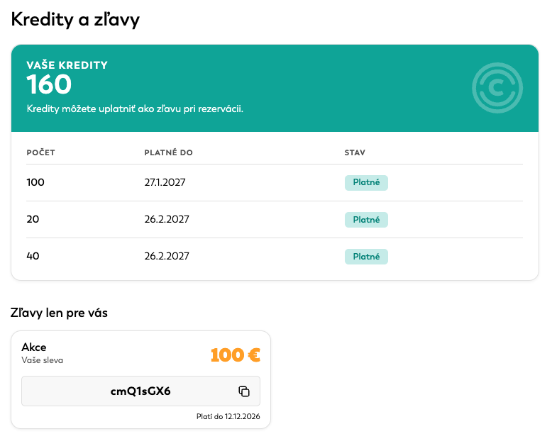 Prehľad kreditov a zľavových kódov v sekcii Kredity a zľavy