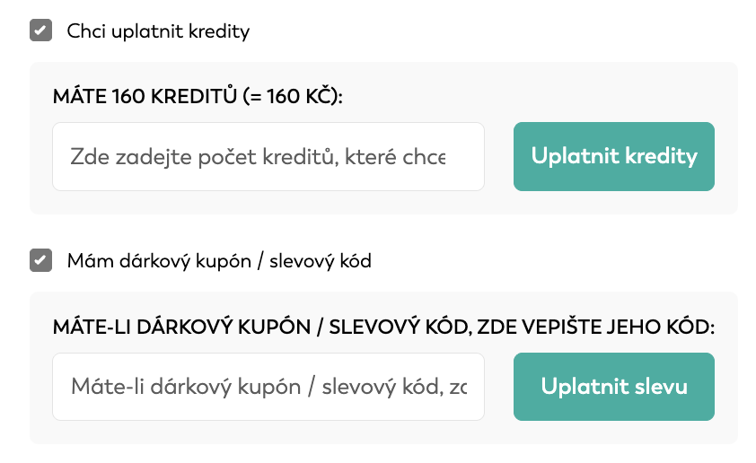 Uplatnění kreditů, dárkového kupónu nebo slevového kódu v košíku