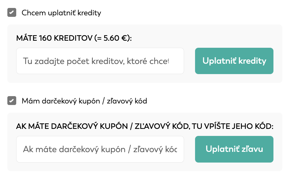 Uplatnenie kreditov, darčekového kupónu alebo zľavového kódu v košíku