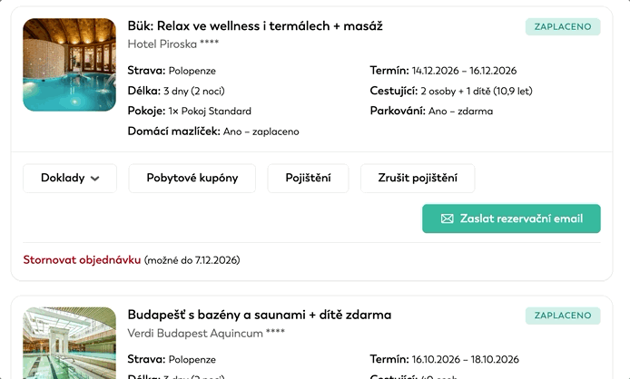 Karta zaplatenej rezervácie v prehľade Nadchádzajúce rezervácie s odkazom Stornovať objednávku