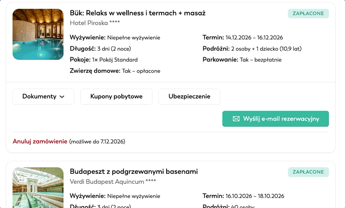 Karta opłaconej rezerwacji w przeglądzie Nadchodzące rezerwacje z linkiem Anuluj zamówienie